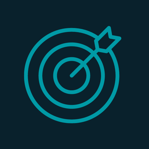 Ícone em azul-petróleo de um alvo de dardos com uma seta acertando o alvo em um fundo azul-petróleo escuro. O alvo de dardos consiste em três círculos concêntricos, e a seta é mostrada perfurando o centro dos círculos, simbolizando precisão e exatidão. O design é limpo e moderno, enfatizando o conceito de acertar um alvo ou atingir uma meta.
