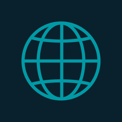 Um ícone em azul-petróleo de um globo terrestre em um fundo azul-petróleo escuro. O globo apresenta uma grade de linhas horizontais e verticais, representando a latitude e a longitude, criando uma representação clássica da Terra. O design é simples e moderno, enfatizando a conectividade global.