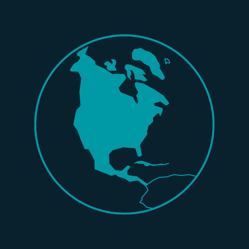 Um ícone da Terra na cor azul-petróleo em um fundo azul-petróleo escuro, com foco no continente norte-americano. O globo apresenta um design simples e plano, com o contorno do continente claramente visível. O design geral é limpo e moderno, enfatizando a geografia global e a conectividade.