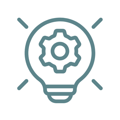 Um ícone de uma lâmpada com uma engrenagem em seu interior, representando inovação e ideias técnicas. A lâmpada tem raios emanando dela, indicando iluminação e percepção.