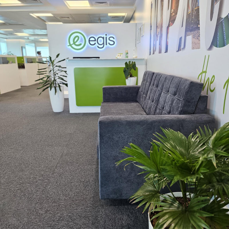 Office waiting room in an EGIS office in Africa. There are two plants and a sofa in the room 