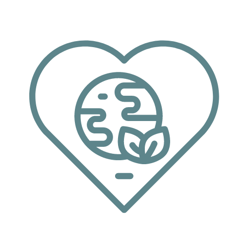 An icon showing a heart shape with a globe and a leaf inside it, symbolizing environmental care, sustainability, and love for the planet. The heart represents compassion, while the globe and leaf emphasize ecological awareness and conservation.