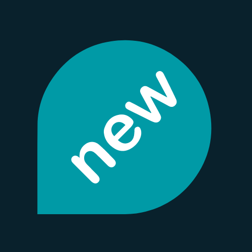 A teal-colored teardrop-shaped icon with the word "new" written diagonally in white, bold letters. The background is a dark teal color, providing contrast to the lighter teal icon. The design is clean and modern, symbolizing new or updated content.