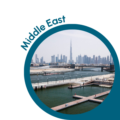 A circular image with a teal border showcasing a panoramic view of Dubai, featuring the iconic Burj Khalifa towering above the city skyline. The foreground includes a marina with docks and boats, and the background displays modern skyscrapers under a clear sky. The text "Middle East" is written in teal, curving along the top left edge of the circle, indicating the Middle Eastern context of the scene
