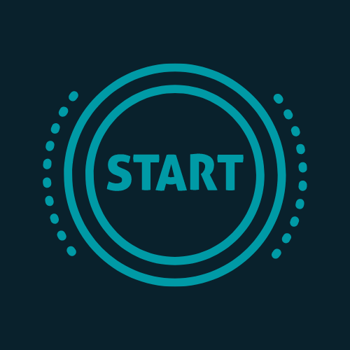  A circular graphic with the word "START" in bold, teal letters at the center. The text is enclosed within two concentric circles, and small teal dots are arranged symmetrically along the outer circle, creating a dynamic, modern design. The background is a dark teal color, providing contrast to the lighter teal elements.