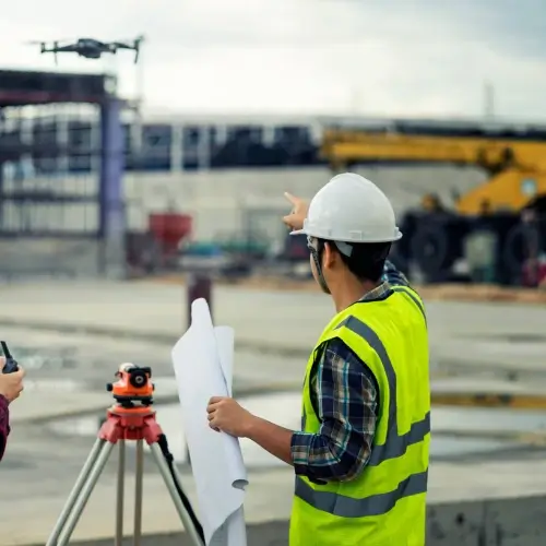 A construction worker in a high-visibility vest and hard hat holding blueprints and pointing towards a building site, with a drone flying overhead and surveying equipment in the foreground.