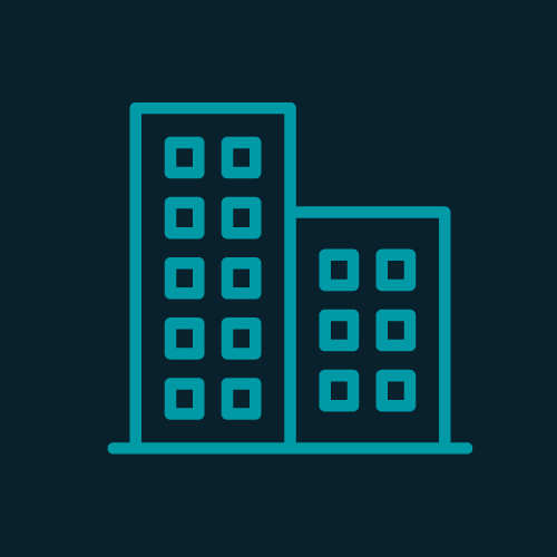 A minimalist, teal-colored icon depicting two adjacent buildings on a dark teal background. The buildings feature simple, rectangular windows arranged in a grid pattern, with the taller building on the left and the shorter building on the right. The overall design is clean and modern, emphasizing urban architecture.