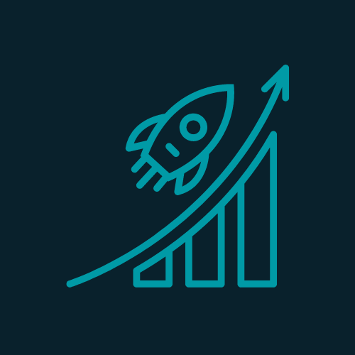 A teal-colored icon on a dark teal background depicting a rocket launching upward along a rising bar graph. The graph has three bars of increasing height from left to right, and the rocket is positioned above the bars, following the trajectory of an upward arrow. The design symbolizes growth, progress, and success in a clean and modern style.