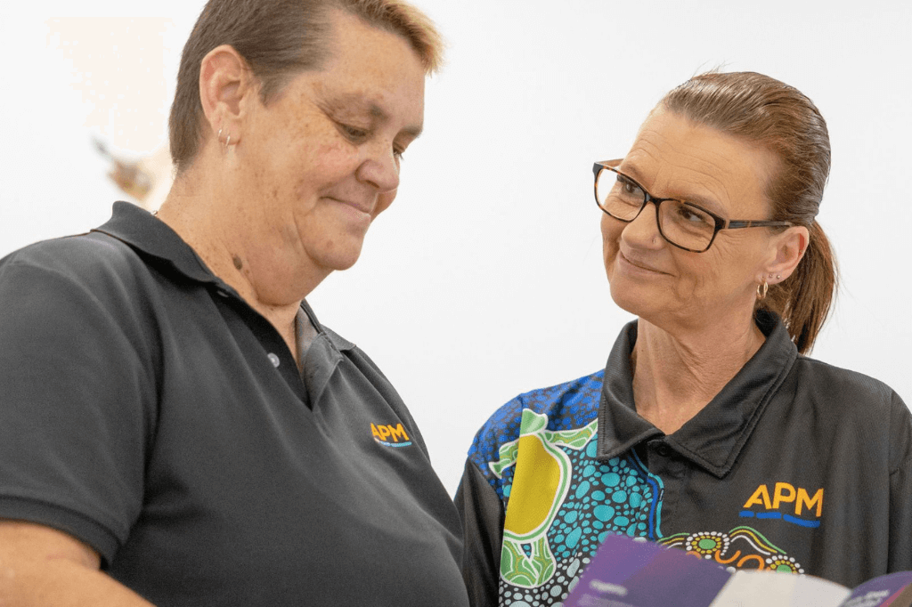 a circular overlay with two men walking down a street with text