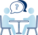 Illustration of two people seated at a table in discussion, representing a job interview and candidate assessment.