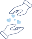Illustration of two hands exchanging small dots, representing guidance, mentorship and practical support to help graduates build confidence and succeed in their careers.