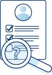 Illustration of a magnifying glass reviewing a candidate profile and checklist, representing pre-employment screening and verification checks.