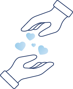 Illustration of two open hands reaching towards one another with small hearts between them, symbolising inclusion, connection and belonging.