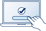 Illustration of a computer screen displaying a completed task with a hand selecting an option, representing submitting an online job application.