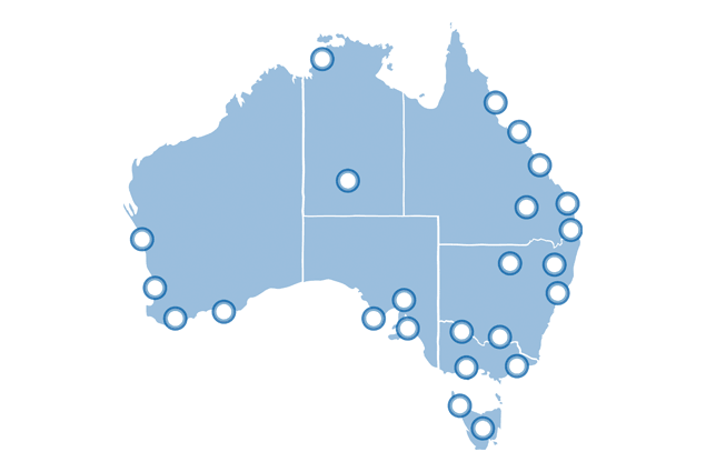Blue silhouette map of Australia highlighting regions where APM business groups operate, showing locations where graduates can work.