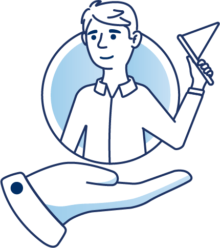 Illustration of a person holding a flag while standing above an open hand, representing guidance, support and professional supervision.