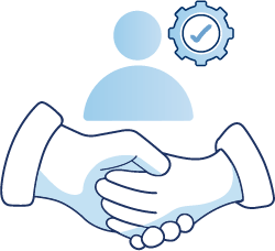 Illustration of a handshake beneath a person and settings icon, representing onboarding, support and integration into a new workplace.