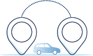 Illustration of two location markers connected by a dotted path with a vehicle between them, representing a workplace or site visit.
