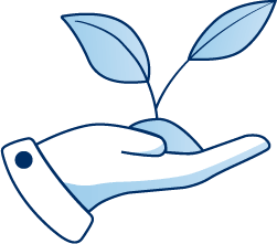Illustration of a hand holding a small seedling with two leaves, symbolising growth, opportunity and career development.
