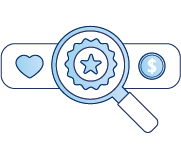 Illustration of a magnifying glass over a badge, heart and dollar symbol, representing employee benefits, recognition and competitive remuneration.