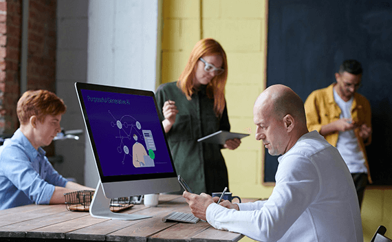 Four people looking into their computers and phones