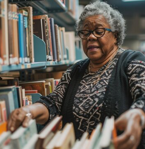 A picture of a woman pushing a book cart