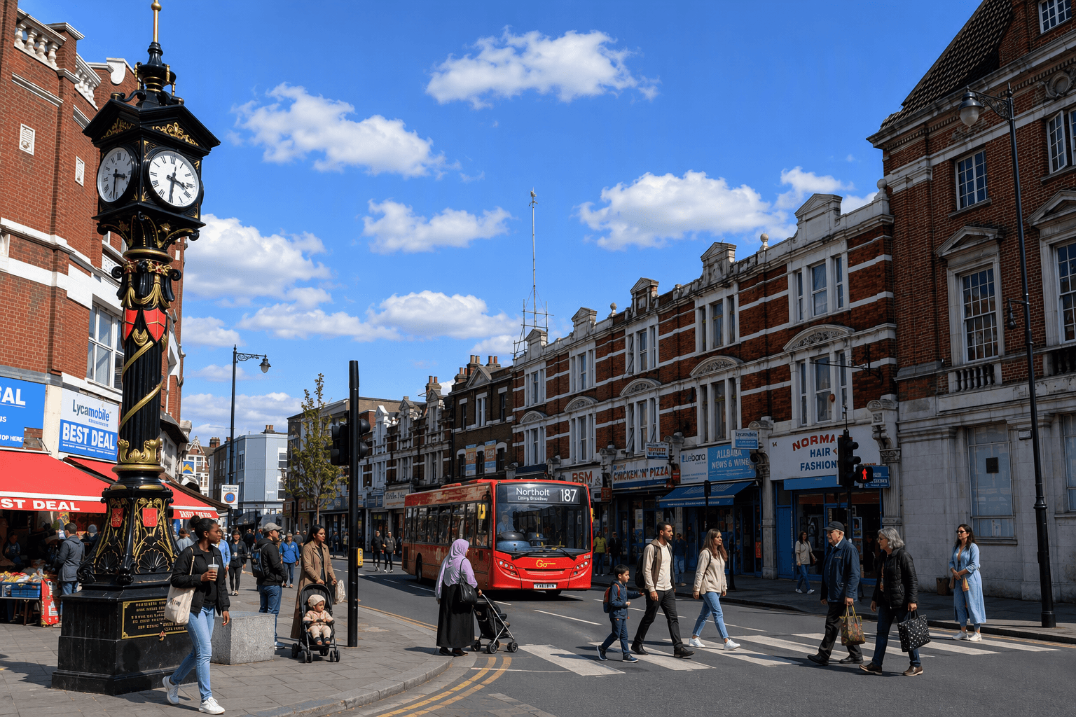 Busy street scene in Greenwich town centre, with historic buildings, shops, pedestrians crossing the road and the clock tower of St Alfege Church in the background.