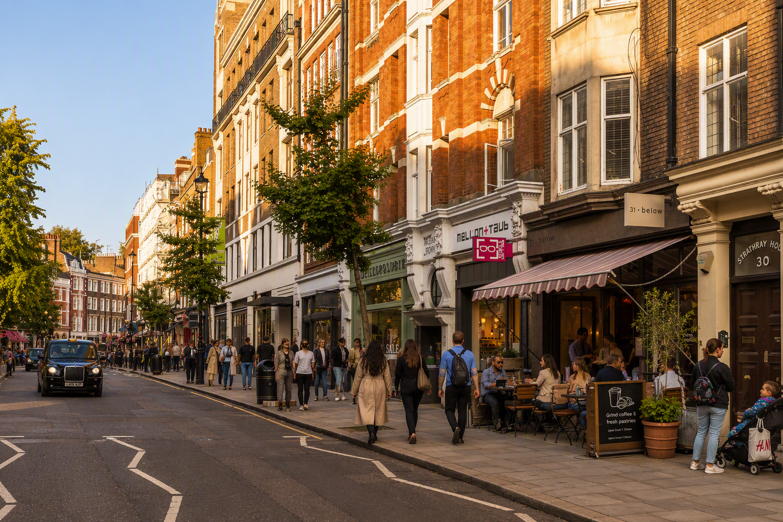 Street view in Marylebone with red-brick buildings, independent shops and cafés, and people walking along a busy pavement.