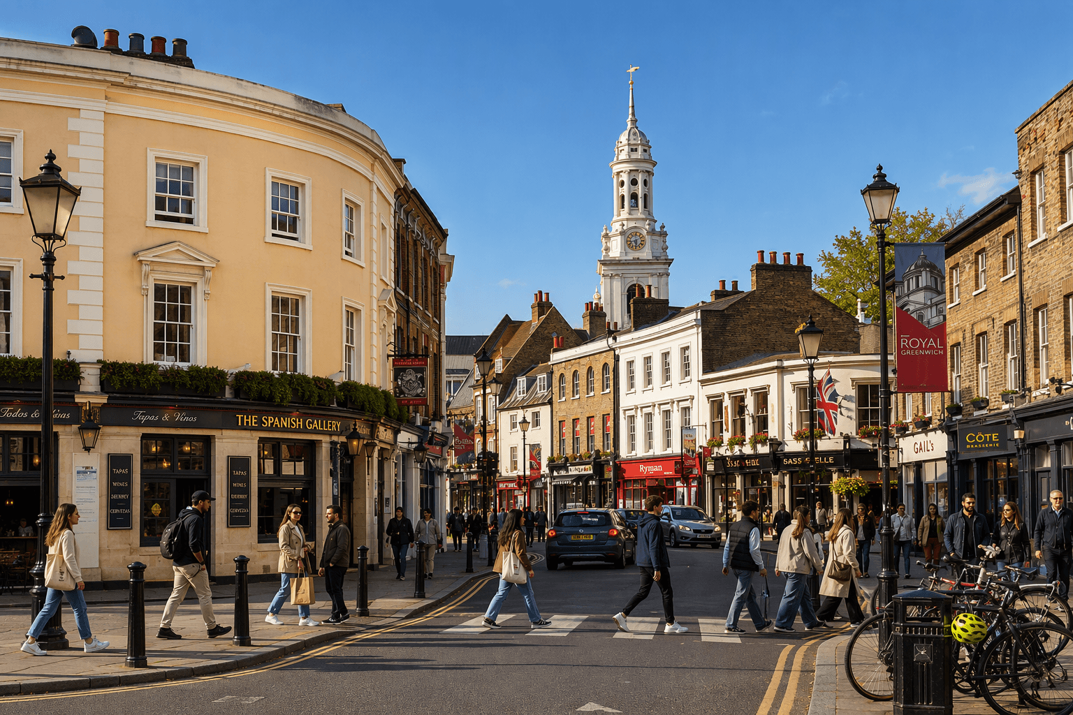Street scene in Harlesden featuring the Jubilee Clock, a red London bus, local shops and people crossing at a pedestrian crossing.